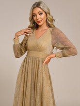Load image into Gallery viewer, Color=Gold | Elegant Long Lantern Sleeve Midi Length Sequin Tulle Dresses with Shimmer Decoration-Gold 10