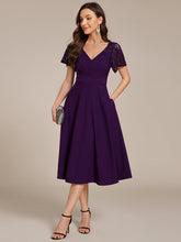 Load image into Gallery viewer, Color=Dark Purple | Short Sleeve Ruffle Sweetheart A-Line High Stretch Midi Wedding Guest Dress-Dark Purple 10