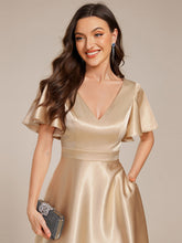 Load image into Gallery viewer, Color=Charcoal | Elegant Ruffles Sleeve Midi Length Satin Wedding Guest Dresses with Asymmetrical Hem-Charcoal 5