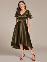Load image into Gallery viewer, Color=Olive Green | Elegant Ruffles Sleeve Midi Length Satin Wedding Guest Dresses with Asymmetrical Hem-Olive Green 8