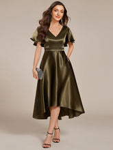 Load image into Gallery viewer, Color=Olive Green | Elegant Ruffles Sleeve Midi Length Satin Wedding Guest Dresses with Asymmetrical Hem-Olive Green 6