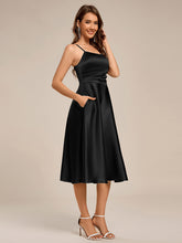 Load image into Gallery viewer, Color=Black | Pleated Spaghetti Strap Sleeveless A-Line Midi Wedding Guest Dress-Black 4