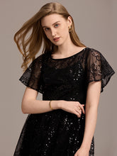 Load image into Gallery viewer, Color=Black | Factory Design Short Sleeve Ruffle Sheer Round Neck A-Line Midi Wedding Guest Dresses-Black 3