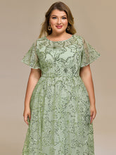 Load image into Gallery viewer, Color=Mint Green | Factory Design Short Sleeve Ruffle Sheer Round Neck A-Line Midi Wedding Guest Dresses-Mint Green 18