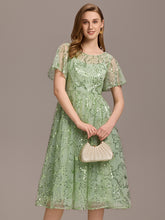 Load image into Gallery viewer, Color=Mint Green | Factory Design Short Sleeve Ruffle Sheer Round Neck A-Line Midi Wedding Guest Dresses-Mint Green 13