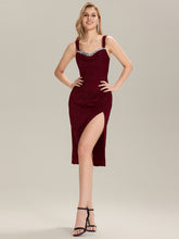 Load image into Gallery viewer, Color=Burgundy | Industrial Use Strapless High Stretch Bodycon Midi Dress with Thigh-High Slit | Wedding Guest Dresses-Burgundy 5