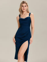 Load image into Gallery viewer, Color=Navy Blue | Industrial Use Strapless High Stretch Bodycon Midi Dress with Thigh-High Slit | Wedding Guest Dresses-Navy Blue 11