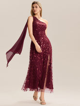 Load image into Gallery viewer, Color=Burgundy | B2B-Exclusive One Shoulder Sleeveless Sequin A-Line Maxi Wedding Guest Dress-Burgundy 5
