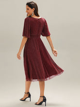 Load image into Gallery viewer, Color=Burgundy | Half Sleeve Gathered A-Line Midi Length Wedding Guest Dresses-Burgundy 2