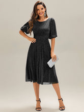 Load image into Gallery viewer, Color=Black |Half Sleeve Gathered A-Line Midi Length Wedding Guest Dresses-Black 11