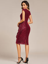 Load image into Gallery viewer, Color=Burgundy | Short Sleeve V-Neck Lotus Leaf Midi Dress with Paillette | Wedding Guest Dresses-Burgundy 2