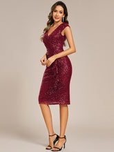 Load image into Gallery viewer, Color=Burgundy | Short Sleeve V-Neck Lotus Leaf Midi Dress with Paillette | Wedding Guest Dresses-Burgundy 4