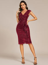 Load image into Gallery viewer, Color=Burgundy | Short Sleeve V-Neck Lotus Leaf Midi Dress with Paillette | Wedding Guest Dresses-Burgundy 5