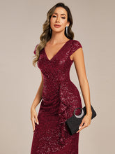 Load image into Gallery viewer, Color=Burgundy | Short Sleeve V-Neck Lotus Leaf Midi Dress with Paillette | Wedding Guest Dresses-Burgundy 3
