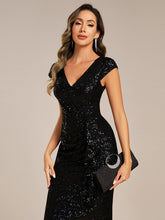 Load image into Gallery viewer, Color=Black | Short Sleeve V-Neck Lotus Leaf Midi Dress with Paillette | Wedding Guest Dresses-Black 8