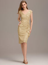 Load image into Gallery viewer, Color=Gold | Short Sleeve V-Neck Lotus Leaf Midi Dress with Paillette | Wedding Guest Dresses-Gold 15