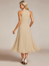 Load image into Gallery viewer, Elegant Halter Neckline Asymmetric Midi Lining Length  fold stream Empire Waist Chiffon Dresses