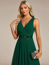 Load image into Gallery viewer, Color=Dark Green | Chiffon Appliques V Neck Tea Length Sleeveless Wedding Wholesale Guest Dress-Dark Green 2