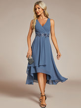 Load image into Gallery viewer, Color=Dusty Navy | Chiffon Appliques V Neck Tea Length Sleeveless Wedding Wholesale Guest Dress-Dusty Navy