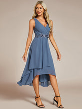 Load image into Gallery viewer, Color=Dusty Navy | Chiffon Appliques V Neck Tea Length Sleeveless Wedding Wholesale Guest Dress-Dusty Navy