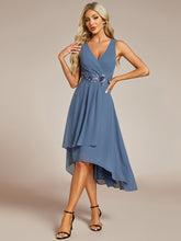 Load image into Gallery viewer, Color=Dusty Navy | Chiffon Appliques V Neck Tea Length Sleeveless Wedding Wholesale Guest Dress-Dusty Navy