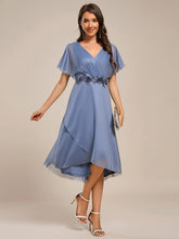 Load image into Gallery viewer, Color=Dusty Blue | Shimmer Bat-wing Sleeve Asymmetrical Hem Wedding Guest Dresses-Dusty Blue 11