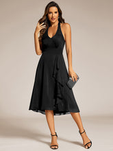 Load image into Gallery viewer, Color=Black | Elegant Halter Neckline Midi Length Shimmer Chiffon Wedding Guest Dresses with Lotus Leaf Asymmetrical Hem-Black 1