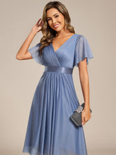 Load image into Gallery viewer, Color=Dusty Blue | Elegant Ruffles Sleeve Pleated Wedding Guest Shimmer Dresseswith Asymmetrical Hem-Dusty Blue 3