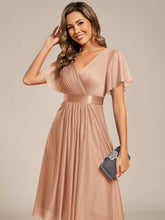Load image into Gallery viewer, Color=Rose Gold | Elegant Ruffles Sleeve Pleated Wedding Guest Shimmer Dresseswith Asymmetrical Hem-Rose Gold 8