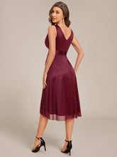 Load image into Gallery viewer, Color=Burgundy | Strapless V-Neck See-Through Shimmer Dress with Asymmetrical Hem Wedding Guest Dress-Burgundy 2
