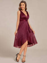 Load image into Gallery viewer, Color=Burgundy | Strapless V-Neck See-Through Shimmer Dress with Asymmetrical Hem Wedding Guest Dress-Burgundy 4
