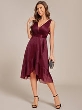 Load image into Gallery viewer, Color=Burgundy | Strapless V-Neck See-Through Shimmer Dress with Asymmetrical Hem Wedding Guest Dress-Burgundy 5