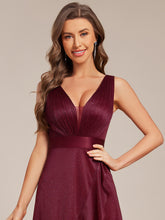 Load image into Gallery viewer, Color=Burgundy | Strapless V-Neck See-Through Shimmer Dress with Asymmetrical Hem Wedding Guest Dress-Burgundy 3