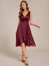 Load image into Gallery viewer, Color=Burgundy | Strapless V-Neck See-Through Shimmer Dress with Asymmetrical Hem Wedding Guest Dress-Burgundy 1