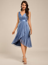 Load image into Gallery viewer, Color=Dusty Blue | Strapless V-Neck See-Through Shimmer Dress with Asymmetrical Hem Wedding Guest Dress-Dusty Blue 9
