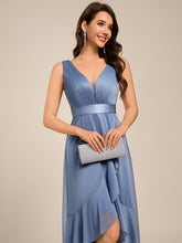 Load image into Gallery viewer, Color=Dusty Blue | Strapless V-Neck See-Through Shimmer Dress with Asymmetrical Hem Wedding Guest Dress-Dusty Blue 8