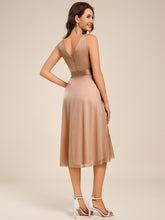 Load image into Gallery viewer, Color=Rose Gold | Strapless V-Neck See-Through Shimmer Dress with Asymmetrical Hem Wedding Guest Dress-Rose Gold 12