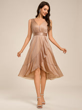 Load image into Gallery viewer, Color=Rose Gold | Strapless V-Neck See-Through Shimmer Dress with Asymmetrical Hem Wedding Guest Dress-Rose Gold 14