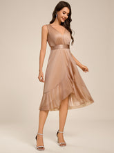Load image into Gallery viewer, Color=Rose Gold | Strapless V-Neck See-Through Shimmer Dress with Asymmetrical Hem Wedding Guest Dress-Rose Gold 15
