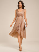 Load image into Gallery viewer, Color=Rose Gold | Strapless V-Neck See-Through Shimmer Dress with Asymmetrical Hem Wedding Guest Dress-Rose Gold 11