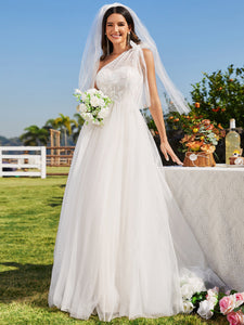 Color=Ivory | Printed Asymmetric Shoulder Sleveeless Wholesale Wedding Dress-Ivory 3
