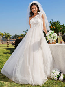 Color=Ivory | Printed Asymmetric Shoulder Sleveeless Wholesale Wedding Dress-Ivory 4