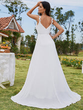 Load image into Gallery viewer, Color=White | Chiffon High Split Spaghetti Strap Appliques Wedding Dress-White 4