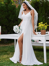 Load image into Gallery viewer, Color=White | Chiffon High Split Spaghetti Strap Appliques Wedding Dress-White 1