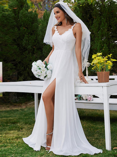 Color=White | Chiffon High Split Spaghetti Strap Appliques Wedding Dress-White 1