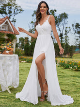 Load image into Gallery viewer, Color=White | Chiffon High Split Spaghetti Strap Appliques Wedding Dress-White 3