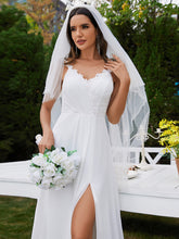Load image into Gallery viewer, Color=White | Chiffon High Split Spaghetti Strap Appliques Wedding Dress-White 2