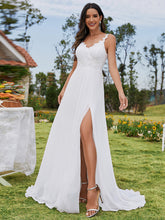 Load image into Gallery viewer, Color=White | Chiffon High Split Spaghetti Strap Appliques Wedding Dress-White 5