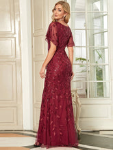Load image into Gallery viewer, Color=Burgundy | Gorgeous V Neck Leaf-Sequined Fishtail Wholesale Party Dress-Burgundy 2