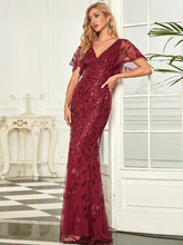 Load image into Gallery viewer, Color=Burgundy | Gorgeous V Neck Leaf-Sequined Fishtail Wholesale Party Dress-Burgundy 3
